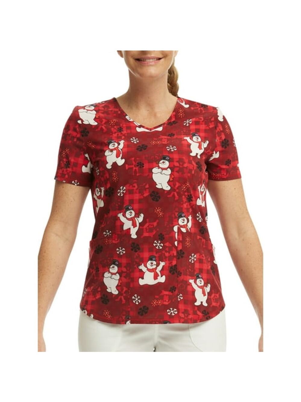 Frosty The Snowman Red Plaid Short Sleeve Nursing Scrub Top Women's Size XL